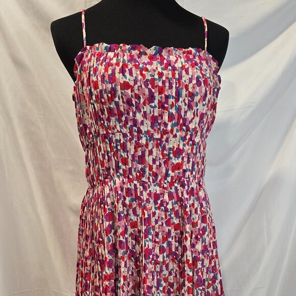Lucy Paris Dress Floral Pleated Size Medium Red Purple Ruffles Adjustable Straps - Picture 1 of 10